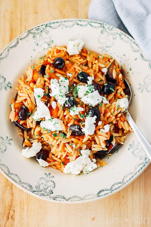 risoni met aubergine en feta
