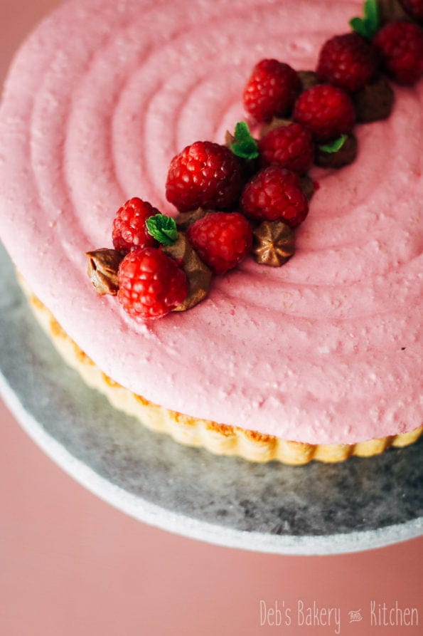 macarontaartje met frambozen en chocolademousse