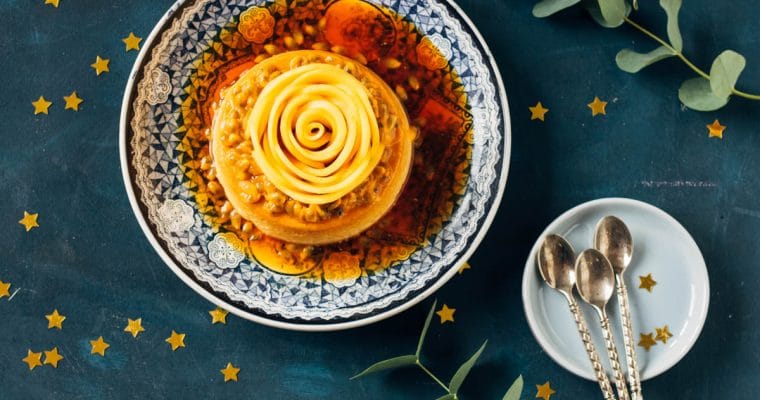 Mango flan met passievrucht en karamel