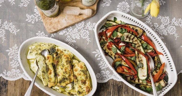 Gemarineerde Italiaanse groenten met gegrilde halloumi
