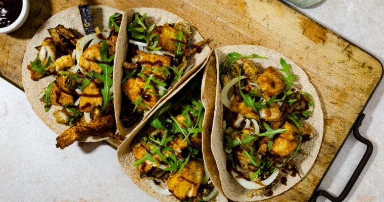 Fajita’s met kabeljauw, crispy aubergine en venkel