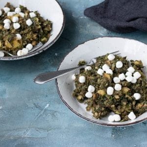 boerenkoolstamppot met zwarte knoflook en geitenkaas