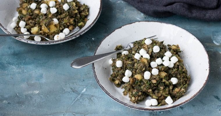 Boerenkool stamppot met zwarte knoflook en geitenkaas